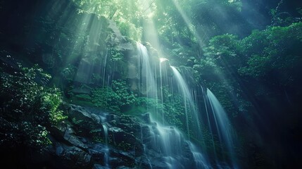 A majestic waterfall cascading down a rocky cliff, surrounded by lush greenery and bathed in soft, ethereal light.