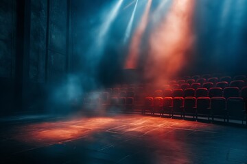 An atmospheric image capturing the empty red seats of a theater with dramatic stage lighting piercing through misty haze - obrazy, fototapety, plakaty