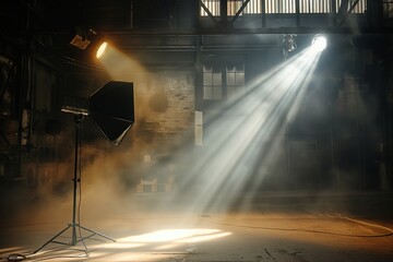 Detailed image capturing professional spotlights and equipment on a film set with atmospheric industrial surroundings - obrazy, fototapety, plakaty