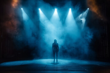 A dramatic image of a lone figure standing under intense blue stage lights with atmospheric fog and...