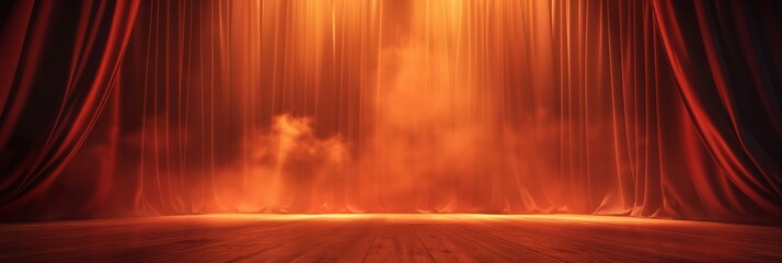 An empty stage with red curtains and dramatic backlighting evoking anticipation and mystery