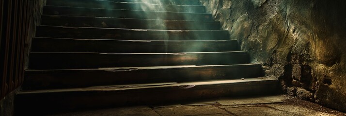 An atmospheric view capturing light rays shining down on an old, worn staircase within a stony ambiance