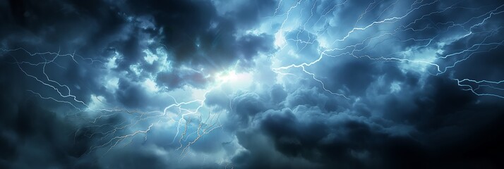 An impressive panorama of dark storm clouds with bright, branching lightning bolts illuminating the sky - obrazy, fototapety, plakaty