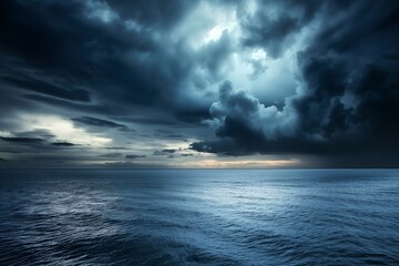 Dark, foreboding clouds hover over a calm sea, creating a stark contrast between the serene water and the stormy sky - obrazy, fototapety, plakaty