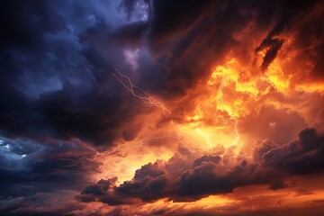 Fototapeta na wymiar Intense thunderstorm captured with bright lightning illuminating turbulent orange clouds at dusk