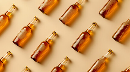 Beer bottles on a beige background, design for a drinks menu or an advertisement in a pub, created with generative AI technology 