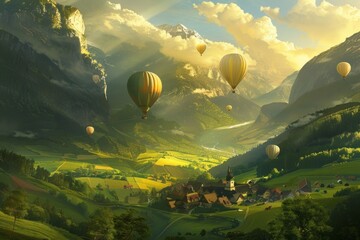 Fototapeta premium Top view of green landscape and mountain valleys and colorful hot air balloons flying in the sky