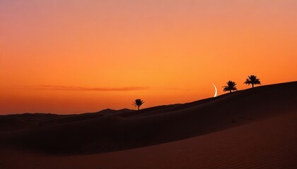 A peaceful desert at dusk with sand dunes, palm trees, and a crescent moon, evoking the spirit of Ramadan.