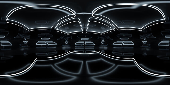 Abstract symmetrical light patterns in dark environment with led light accents 360 panorama vr environment map