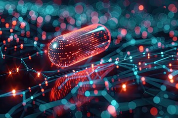A 3D visualization of a pill dissolving into a digital matrix symbolizing the intersection of technology and medicine - obrazy, fototapety, plakaty