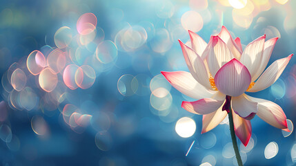 Festive background with bokeh features a pink lotus flower, celebrating Buddha Purnima and Vesak Day