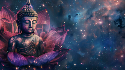 Buddha statue surrounded by lotus flowers against a cosmic backdrop