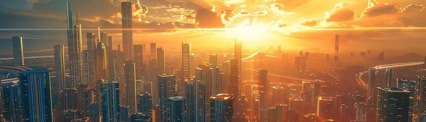 A futuristic cityscape with golden skyscrapers under a radiant sunset symbolizing prosperity and innovation