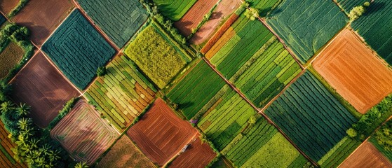 An aerial view of a patchwork quilt of farm fields highlighting the artistry of agriculture - obrazy, fototapety, plakaty