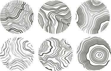 Abstract growth rings of a tree.Line design of a wooden stump.Tree cut pattern.Vector topographic map concept drawn with black lines on a white background. 