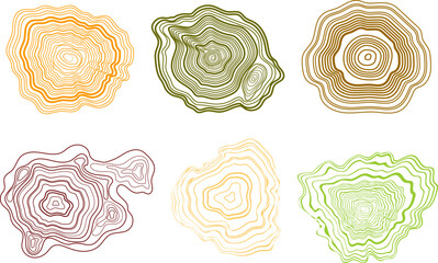 Abstract growth rings of a tree.Line design of a wooden stump.Tree cut pattern.Vector topographic map concept drawn with black lines on a white background. 