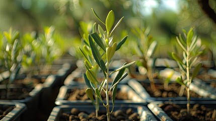Olive tree saplings in a nursery - obrazy, fototapety, plakaty