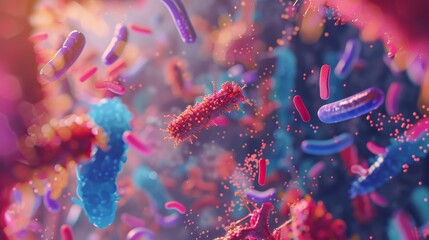 Close-up 3D view of micronutrients and healthy bacteria interacting, captured in stunning 4K detail - obrazy, fototapety, plakaty