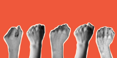 Halftone hands raised up with closed fist. Feminists fight. Illustration for protest. Modern collage with hands. Trendy vintage newspaper parts. Torn paper. Woman rights concept