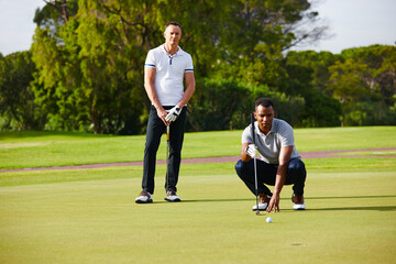 People, play and watch golf ball for sport, fitness or health in outdoor competition on summer day....