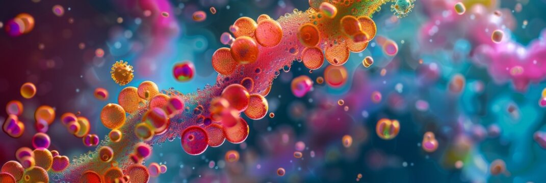 Colorful multicolored enzymes on a dark blurred background, enzymes to speed up a chemical reaction, banner
