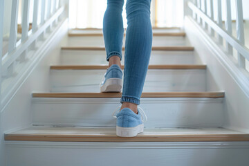 Woman walking up a white wooden staircase, casual sneakers in focus. Close-up on female feet in blue denim jeans and light blue shoes ascending steps, concept of movement and everyday lifestyle