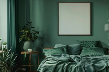 Creative composition of bedroom interior with mock up poster frame, green bedding, wooden side table.