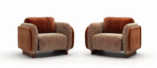 Two chairs with a brown and orange upholstered back and arms