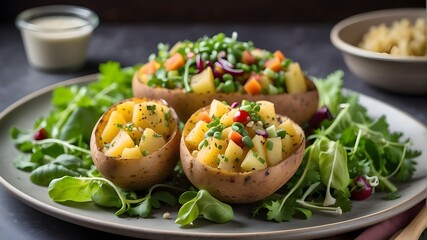 A plant-based, nutritious dish of baked potatoes and green salad