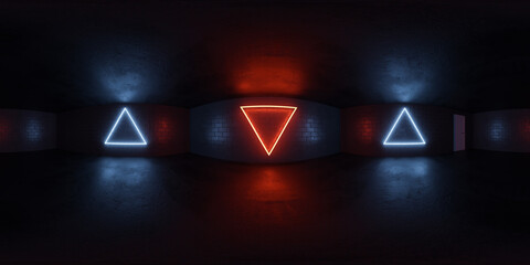 Dark room with neon triangle on wall 360 panorama vr environment map
