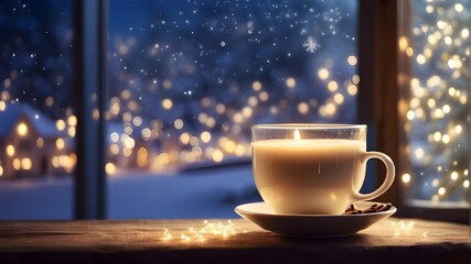Obraz premium Warm beverage by the lovely winter window with twinkling lights and copy space