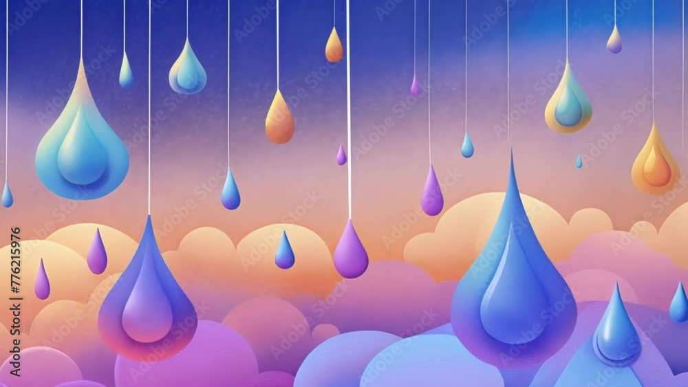 Poster technicolor raindrops falling from the ceiling filling the room with a playful atmosphere.