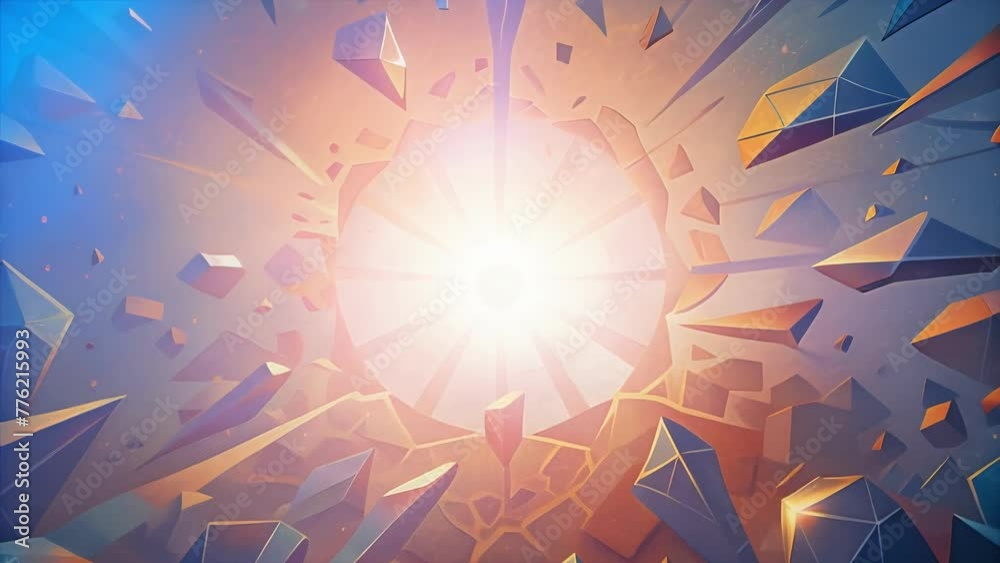 Poster the warm glow of sunlight reflected in a sea of shattered mirror pieces creating a chaotic yet beaut