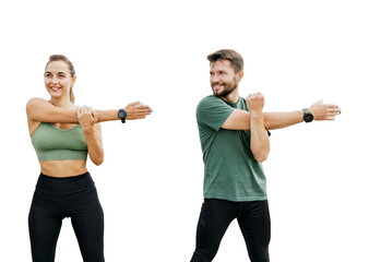 Man and woman people stretching workout warm up. Isolated background. - obrazy, fototapety, plakaty
