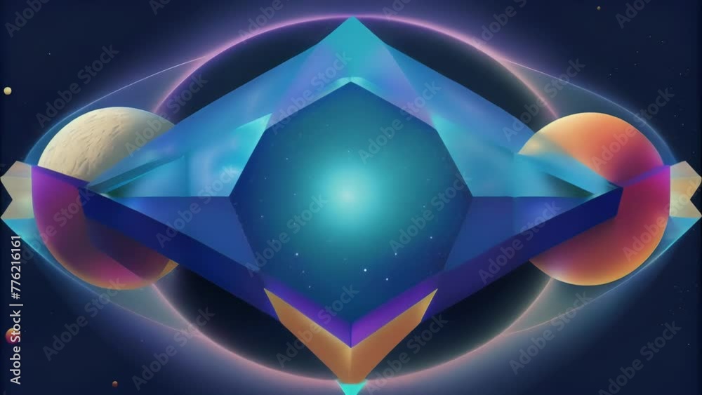 Poster A cosmic collision of geometric shapes symbolizing the merging of different parallel universes.