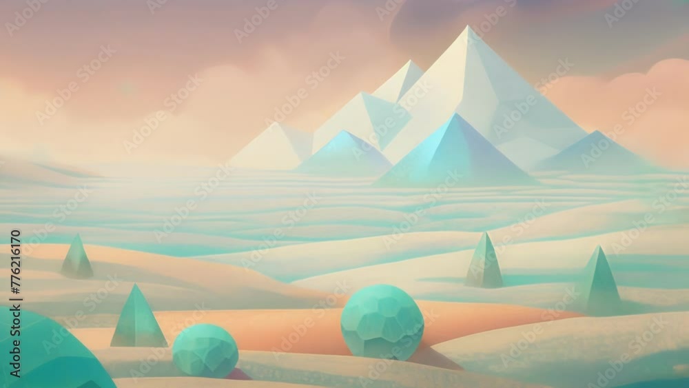 Poster a dreamy abstract landscape of soft mint diamonds tered across a peachcolored field.