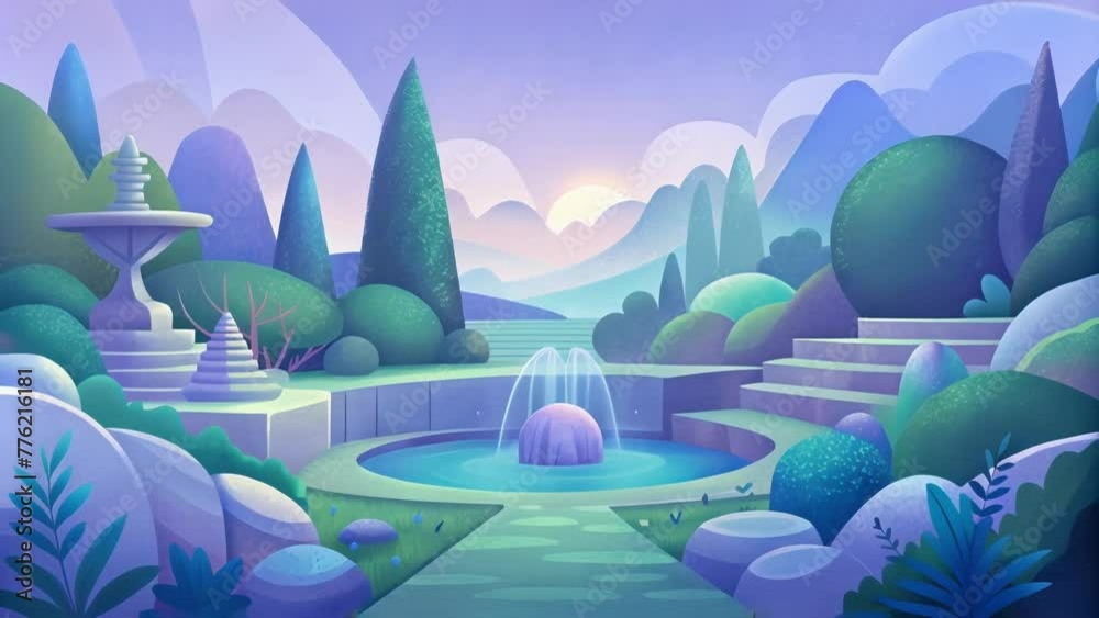 Poster a tranquil garden of abstract shapes in muted shades of blue green and lavender creating a serene at