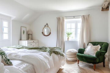 White bedroom with kale green armchair, pouf and double bed.