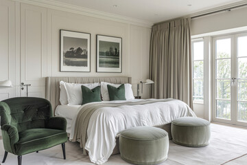 White bedroom with kale green armchair, pouf and double bed.