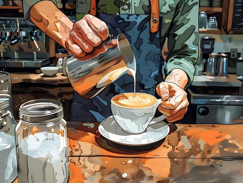 Skilled Barista Crafting Intricate Latte Art Showcasing the Precision and Creativity of Coffee