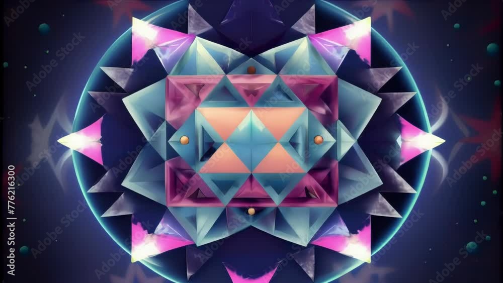 Poster A kaleidoscopic pattern of triangles and squares arranged in a circular shape evokes a sense of a gateway to a parallel universe.