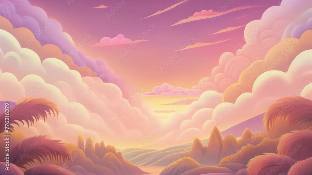 Sticker an otherworldly landscape of feathery clouds in shades of pink and gold like a dreamy fairyland.