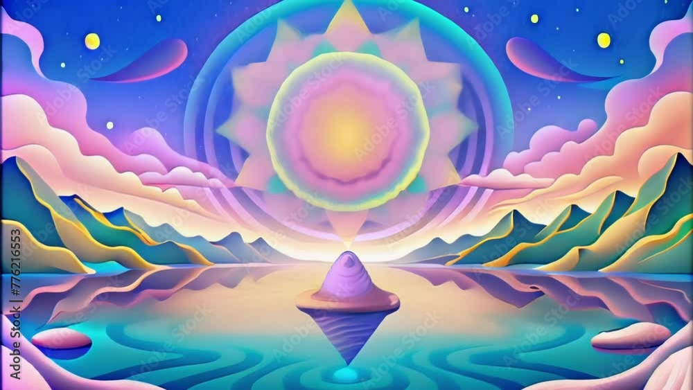 Poster A psychedelic dreamscape with rippling polychromatic patches resembling a kaleidoscopic fractal.