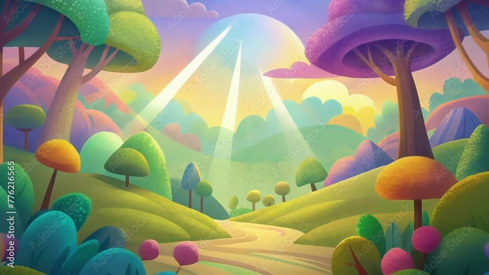 Poster a natural wonderland with vibrant polychromatic patches of sunlight filtering through a canopy of tr