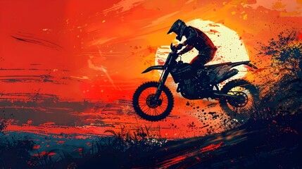 Motocross Rider Soaring Over Challenging Jump Amidst Fiery Sunset Backdrop