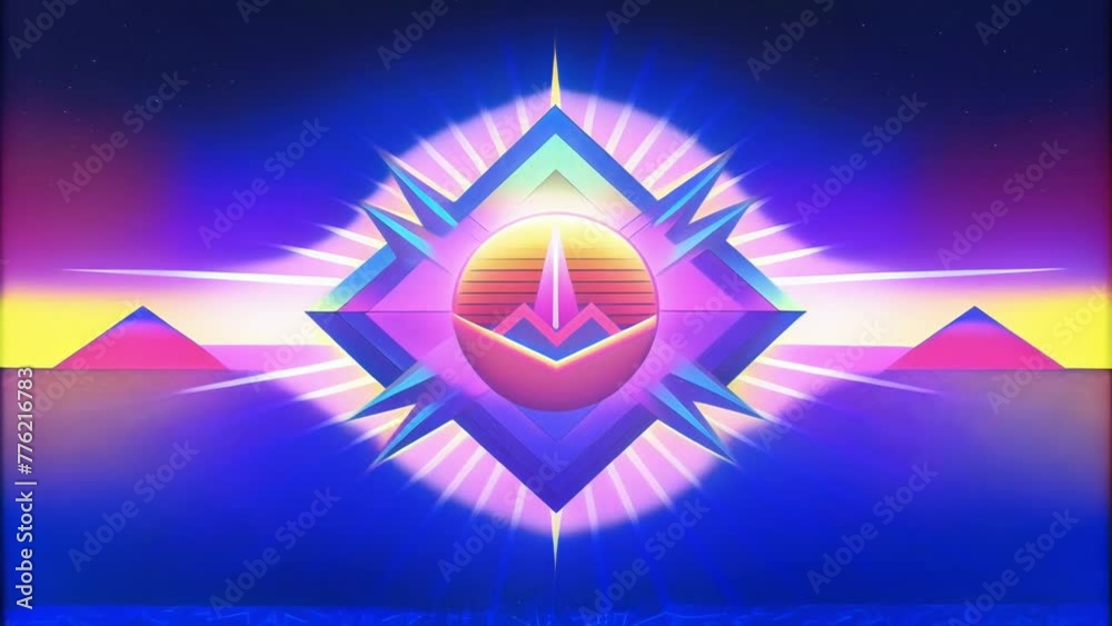 Poster Vibrant bursts of color and geometric patterns dance in unison depicting the harmonious marriage of retro and futuristic design in rhythm.