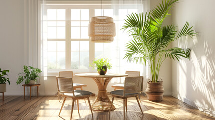 An airy dining room featuring an Areca palm as a centerpiece, surrounded by a cozy rattan dining set and a wooden table, set against a backdrop of polished wooden flooring. 8K.