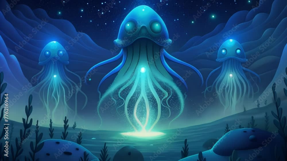 Poster a mesmerizing light show created by the unique and otherworldly creatures living in the bioluminesce