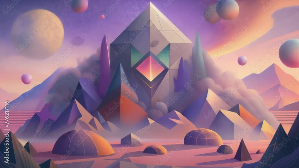 Poster a surreal landscape of geometric shapes overlapping and blending together in a beautiful chaos.