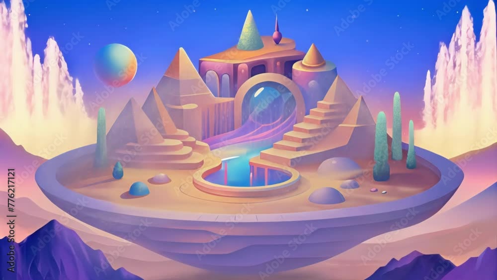 Poster an otherworldly oasis of shapes and colors where reality and imagination collide.